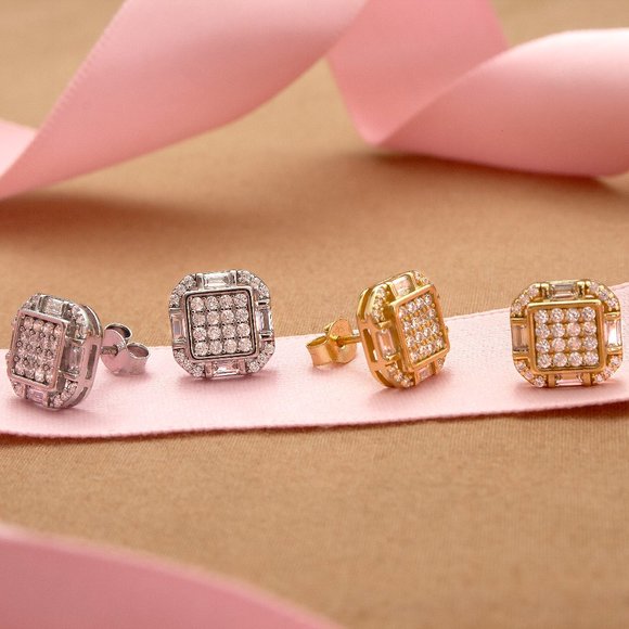 Gold CZ Stud Earrings, 14k Gold Plated 10mm Icy Bling Square CZ Studs - Picture 8 of 9